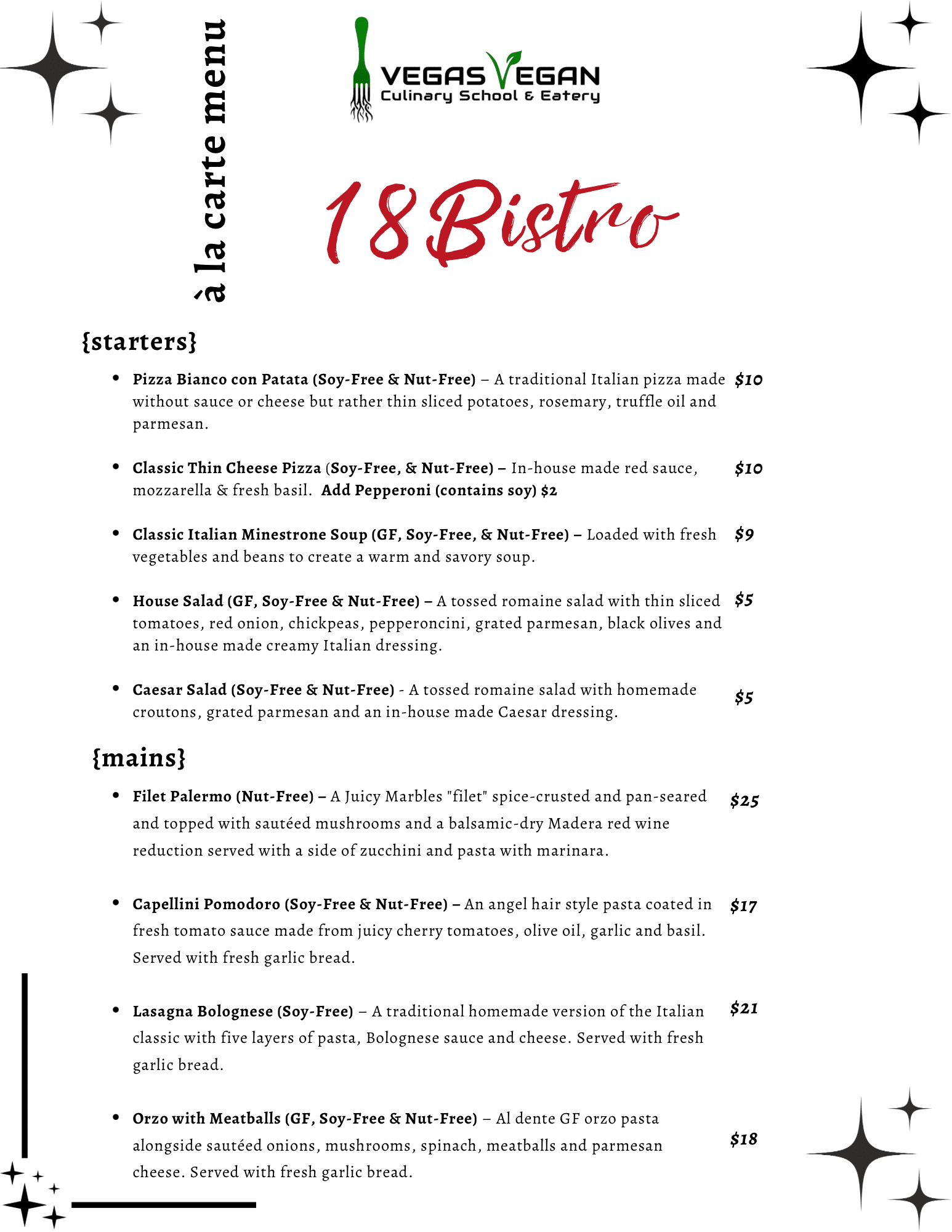 18 Bistro vegan dining a la carte menu 6-30